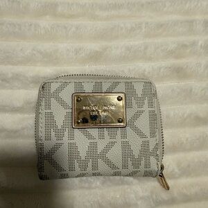 Michael Kors Cream Logo Zip Wallet with Gold Plaque